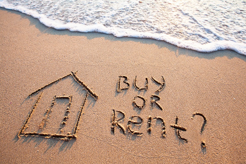 buy or rent concept, text on the sand, real estate